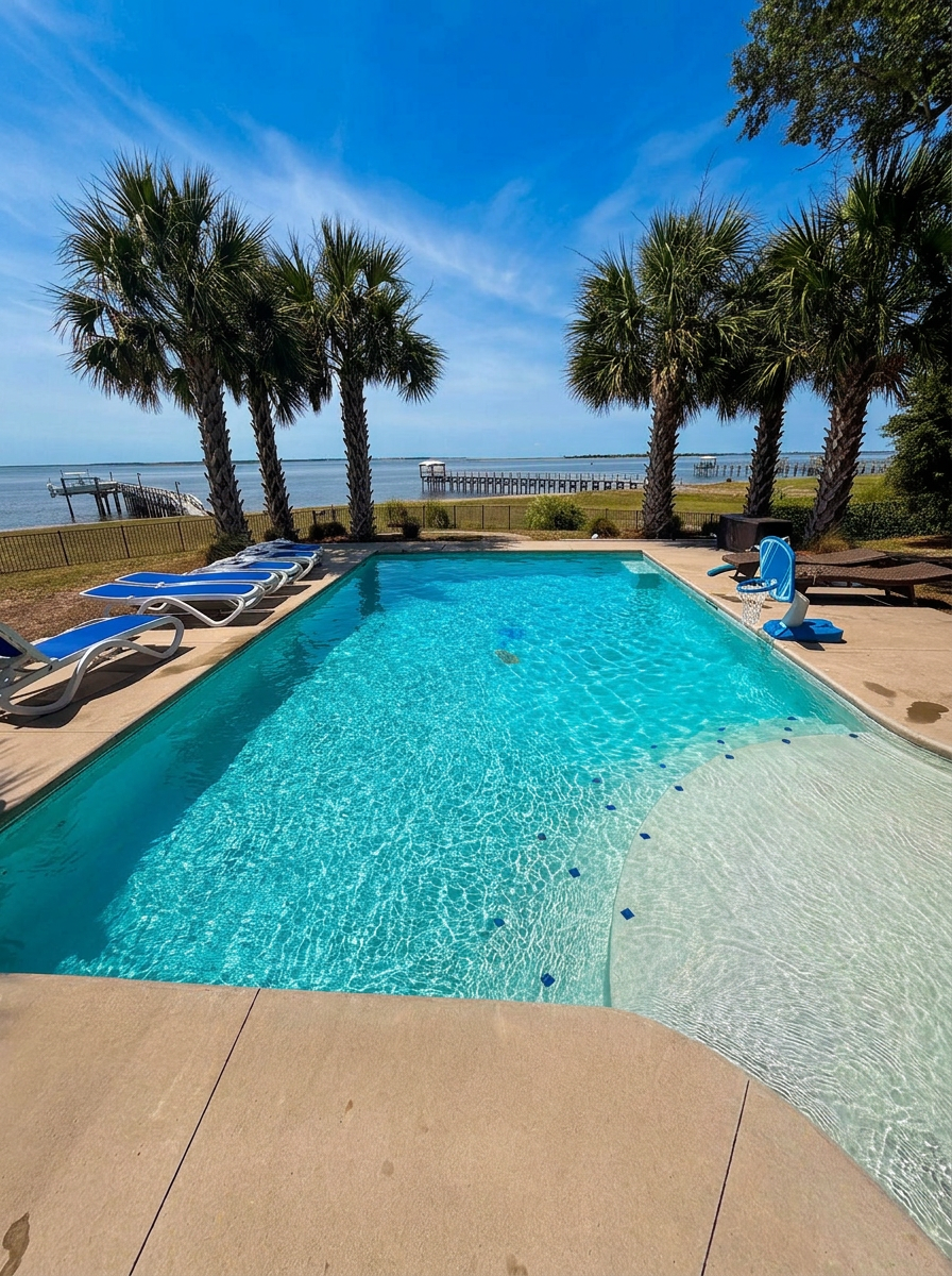 Waterfront pool framed by palm trees